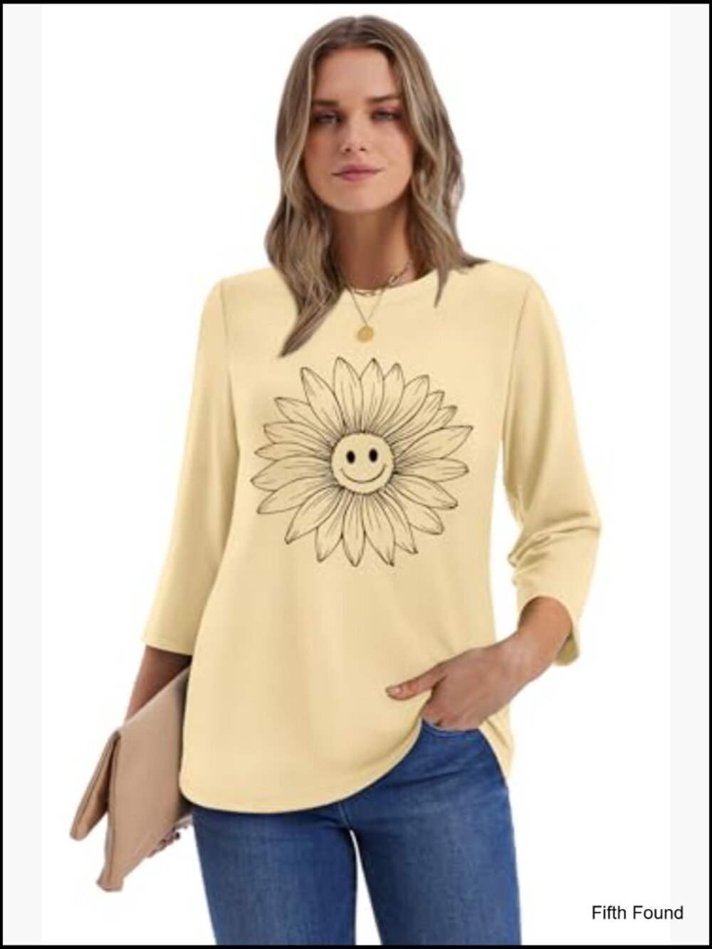 3/4 Length Sleeve Graphic Tunic Tops Crewneck Casual Flowy Blouses - Picture 3 of 7